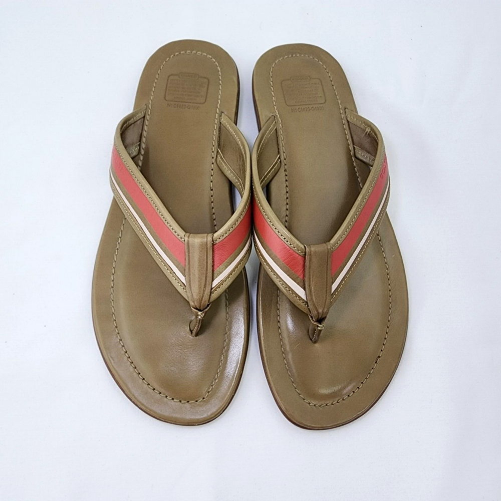 Coach Parker Stripe Men 13 D Olive Green/Red Leather Flip Flops/Thongs/Slip on